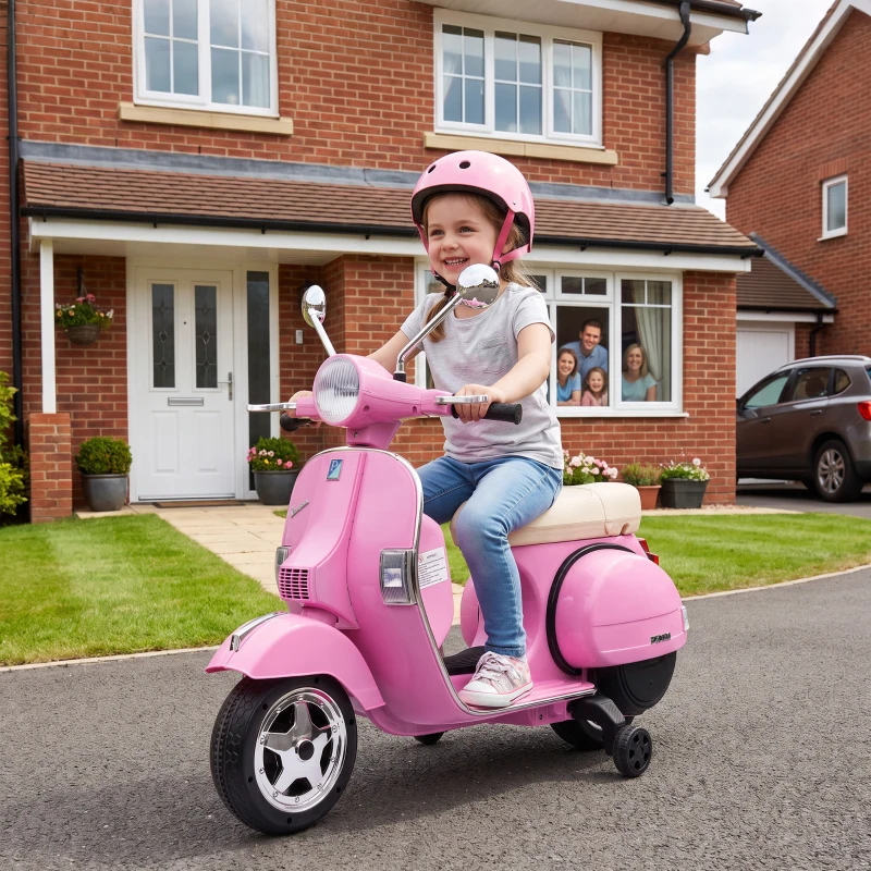 AIYAPLAY Moto Eléctrica Niños 12V Vespa PX150 Ruedas Auxiliares 2 Motores Suspensión Trasera Música Faros 3 km/h 3-6 Años Rosa