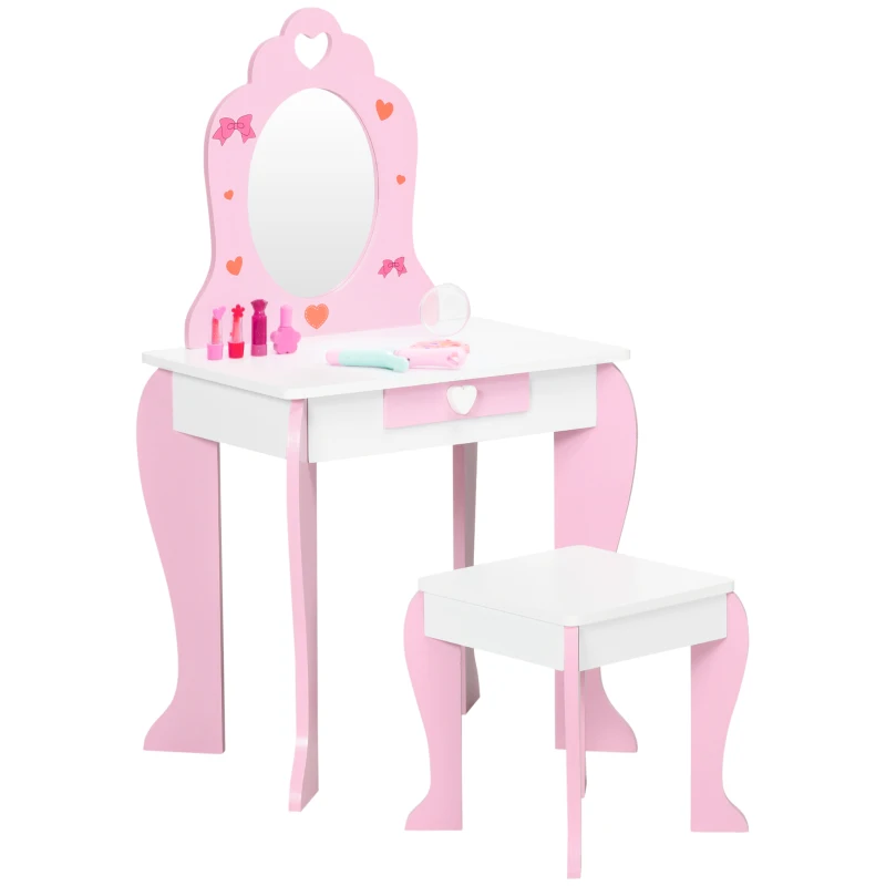 ZONEKIZ Toucador Infantil de Madeira com Banco Espelho e Gaveta Mesa de Maquilhagem para Crianças entre 3-6 Anos 50x36,5x89,5cm Rosa