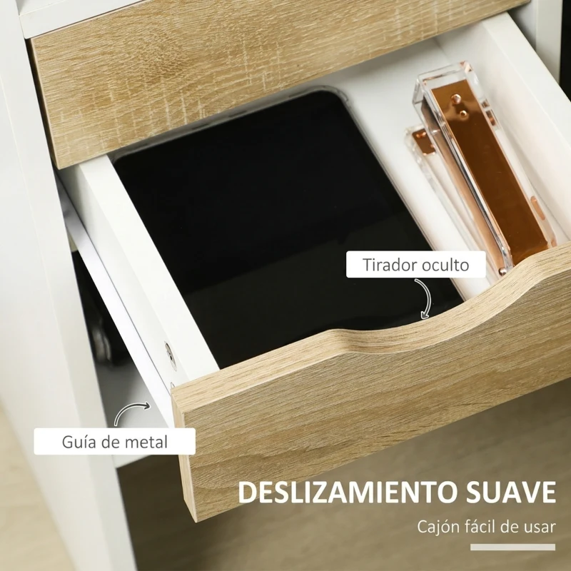 HOMCOM Escritorio Esquinero en L 120x60 cm con 2 Cajones y 3 Compartimentos Abiertos para Oficina Estudio Natural y Blanco