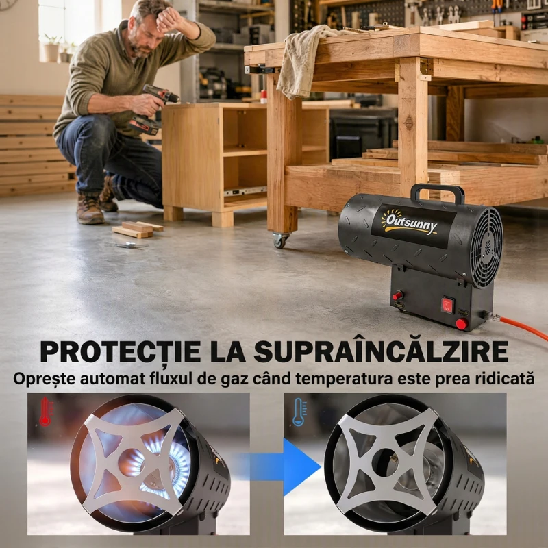Outsunny Generator de Aer Cald pe Gaz, Portabil, 10 kW, cu Protecție, Negru