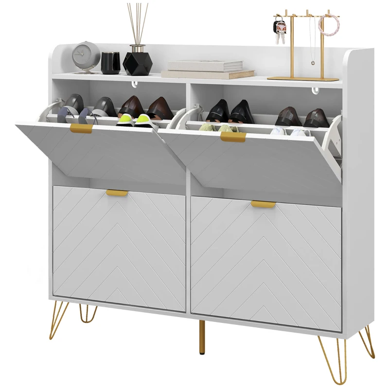 HOMCOM Zapatero Estrecho con 4 Cajones Abatibles Estantes Ajustables para 16 Pares 106x24x102 cm Blanco