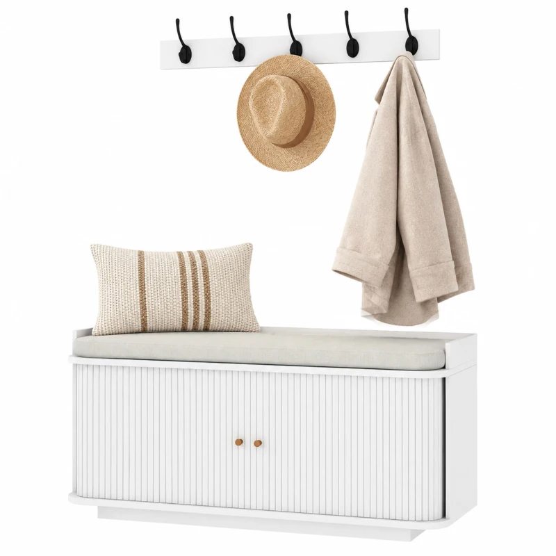 HOMCOM Hallway Storage Unit, Hallway Furniture Set with Shoe Storage Cabinet and 5 Hooks Coat Rack, White