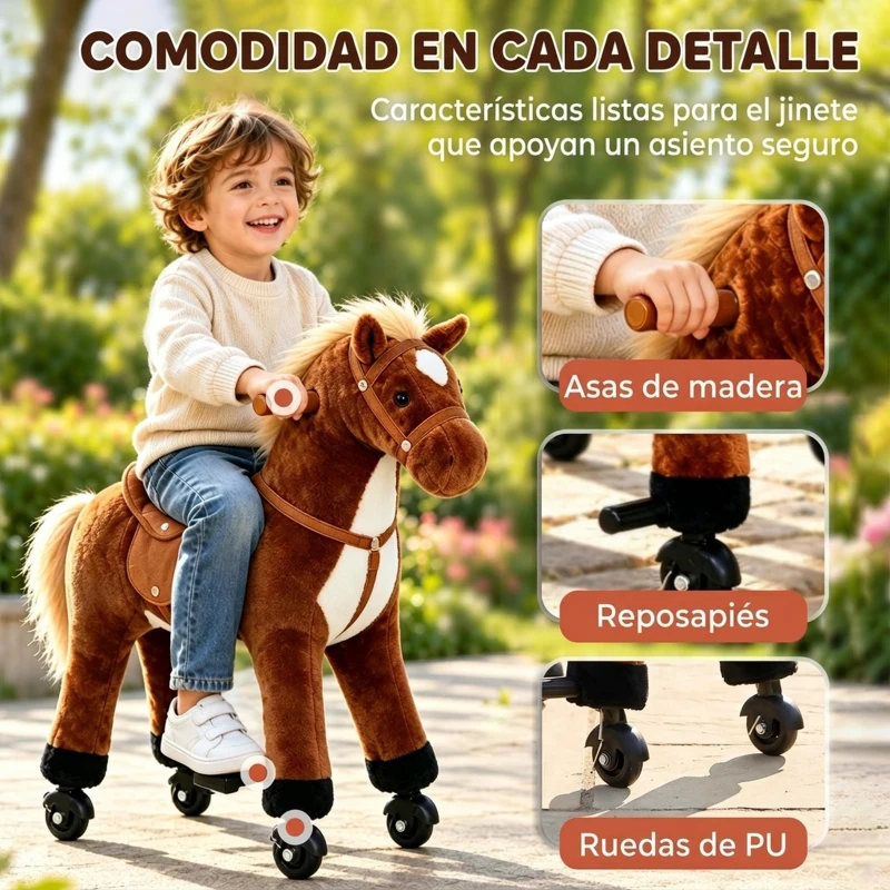 HOMCOM Caballo de Juguete para Niños de +2 Años con Ruedas Sonidos y Estructura de Metal Carga 60kg 65x28x75 cm Marrón