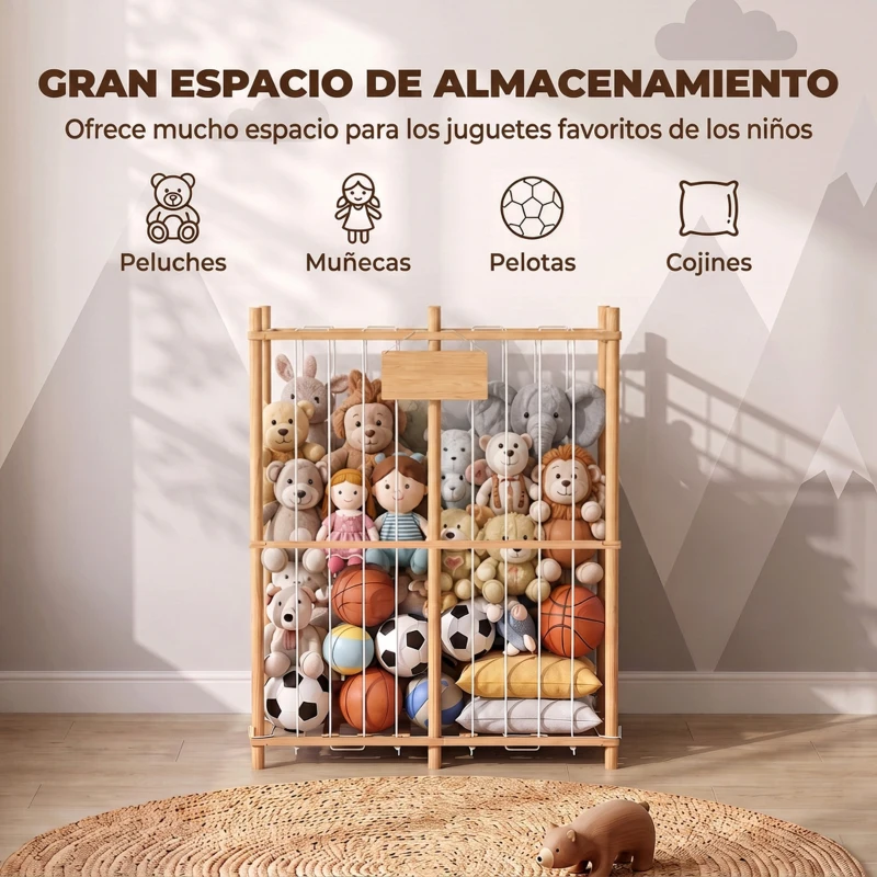 AIYAPLAY Organizador de Peluches de Madera con Cordones Elásticos Estantería Infantil de Juguetes 3-8 Años 76x40x94,5 cm Natural