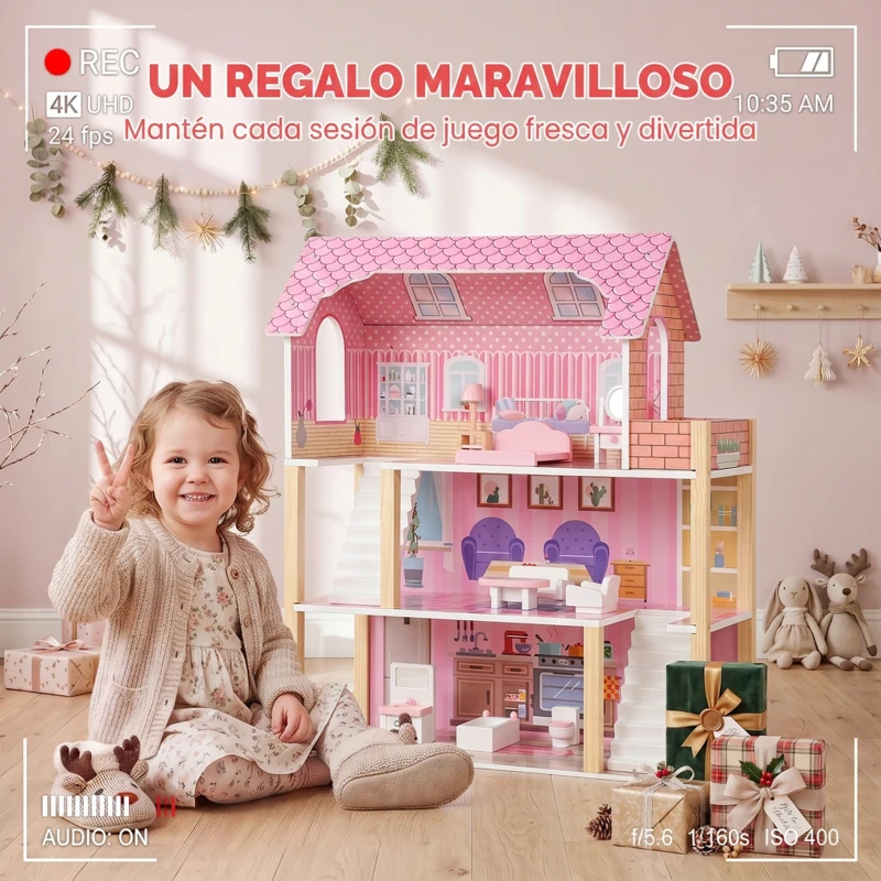 AIYAPLAY Casa de Muñecas de Madera 3 Pisos con Balcón Escaleras y 10 Muebles Juguete de Imitación para Niños de 3 a 6 Años Rosa