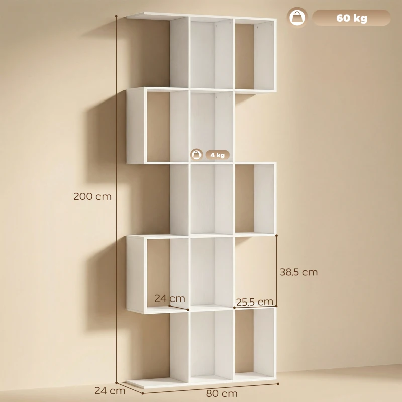 HOMCOM Bibliothèque à 5 niveaux, étagère de rangement en forme S avec 15 compartiments ouverts, 80 x 24 x 200 cm, blanc