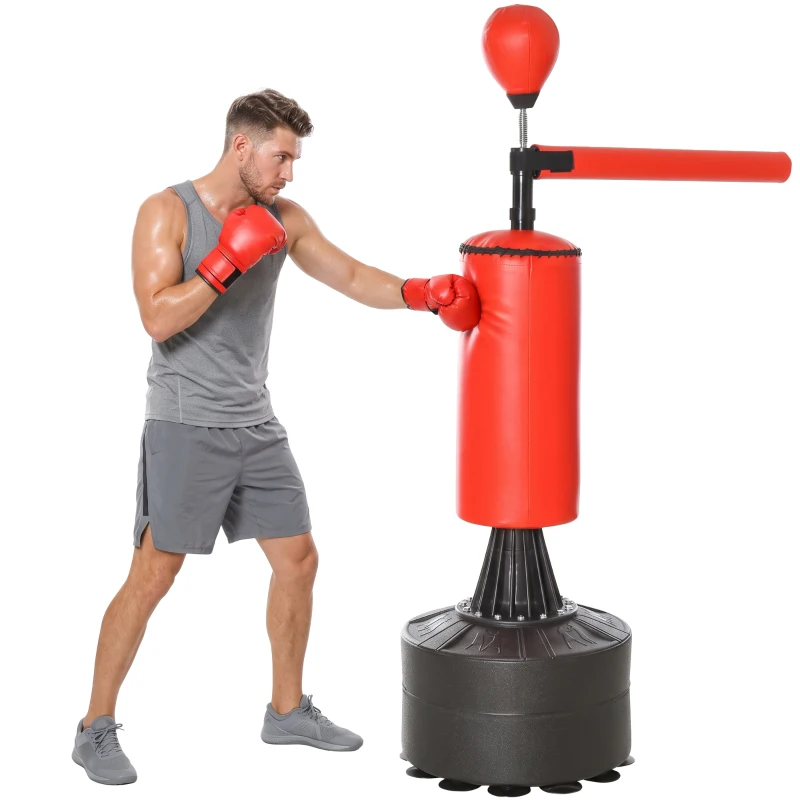 HOMCOM Sac de Box Reglabil pe Înălțime cu Punching Ball și Bază Umplibilă, 88x48x155-205 cm, Roșu și Negru