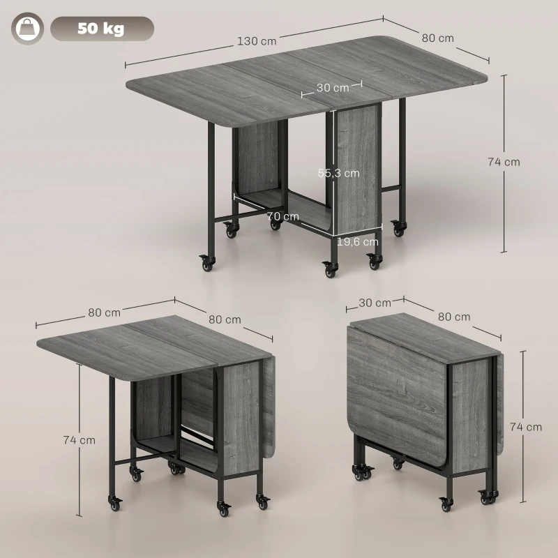HOMCOM Klappbarer Esstisch, Mobiler Klapptisch für 6 Personen, mit Ablage, bis 50 kg belastbar, 130 x 80 x 74 cm, Grau