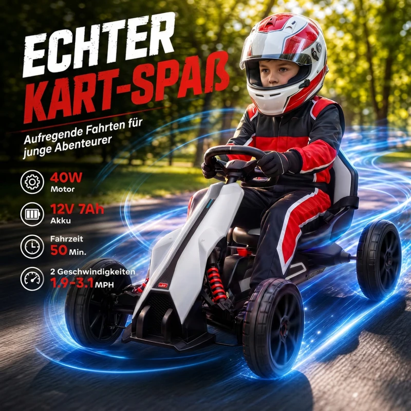 HOMCOM Go-Kart voor Kinderen, Elektrische Kart, tot 5 km/u, Veiligheidsgordel, Zit met Rugleuning, Kunststof, Metaal, Wit(m-4)