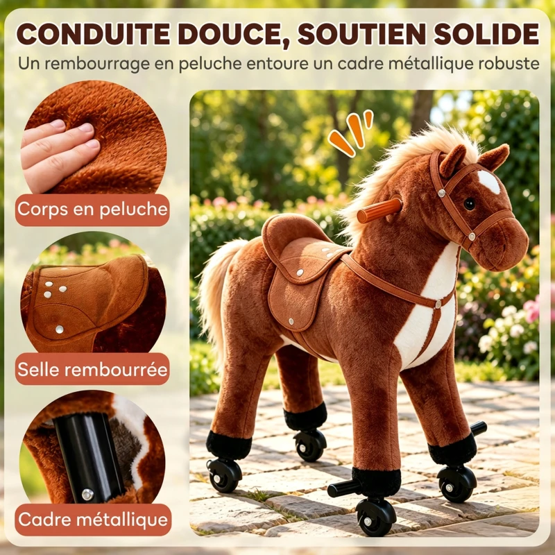HOMCOM Cheval à Monter pour Enfant, Cheval à Roulettes en Peluche, Sons Réalistes, Poignée, 75 cm de Haut, Marron