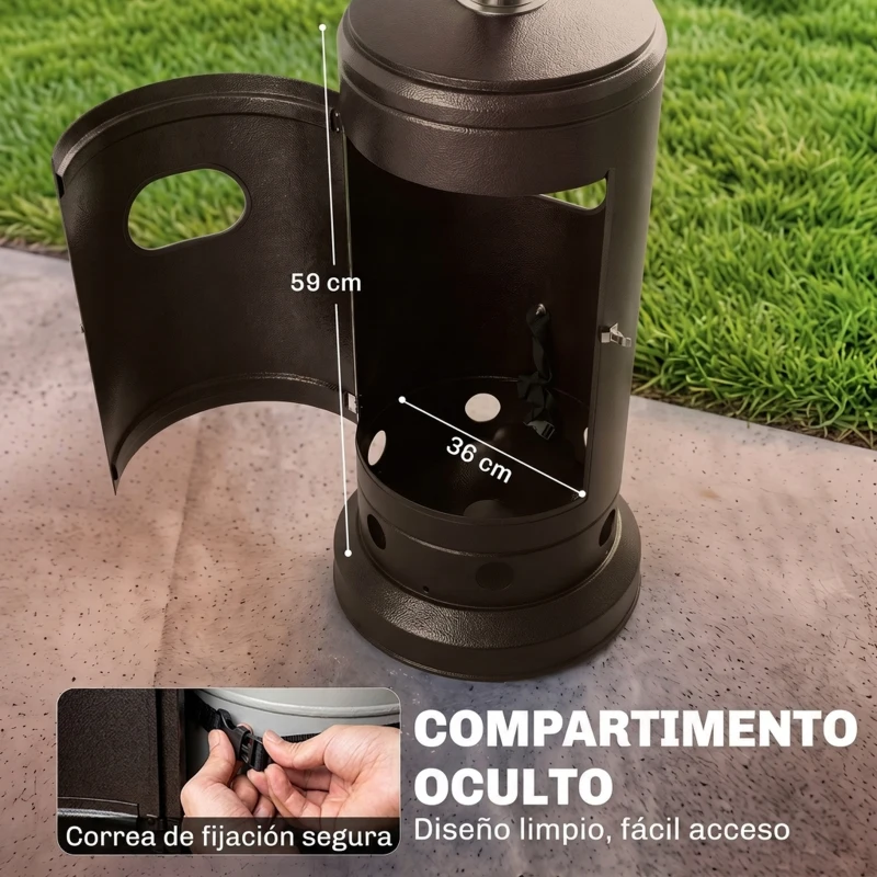 Outsunny Estufa de Gas Butano 13 kW con Mesa Ø40 cm Regulación Continua del Calor Antivuelco Encendido Piezoeléctrico y Ruedas