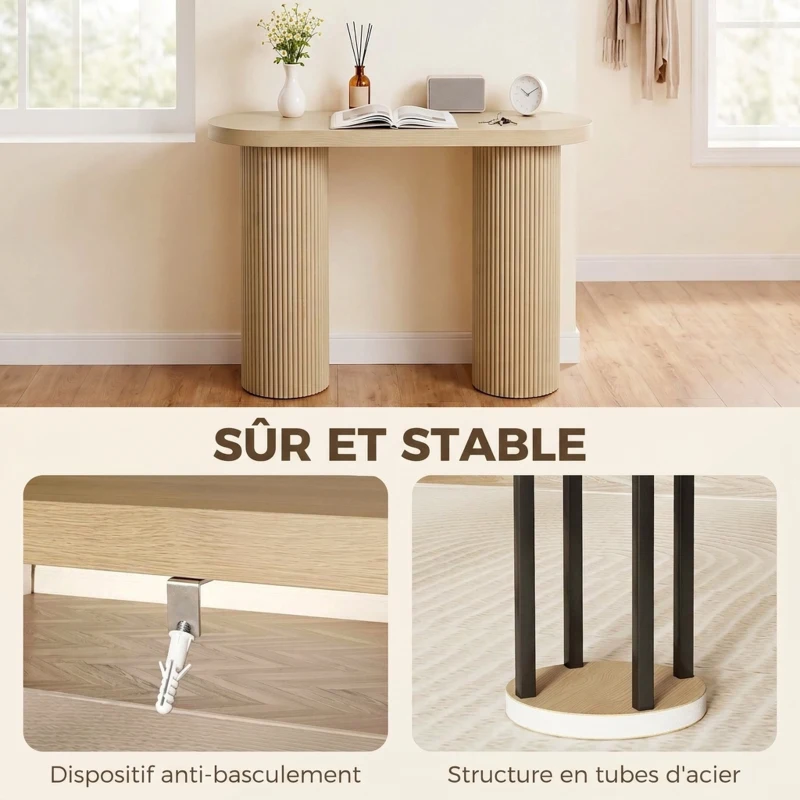 HOMCOM Table Console Cannelée, Rangement Dissimulé, Pieds Colonnes, Style Rustique, Console d'Entrée Étroite, 103x35x80cm Chêne