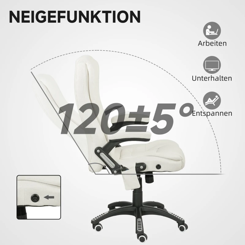 Vinsetto Ergonomischer Schreibtischstuhl mit Massagefunktion, 68 x 72 x 110–120 cm, Cremeweiß