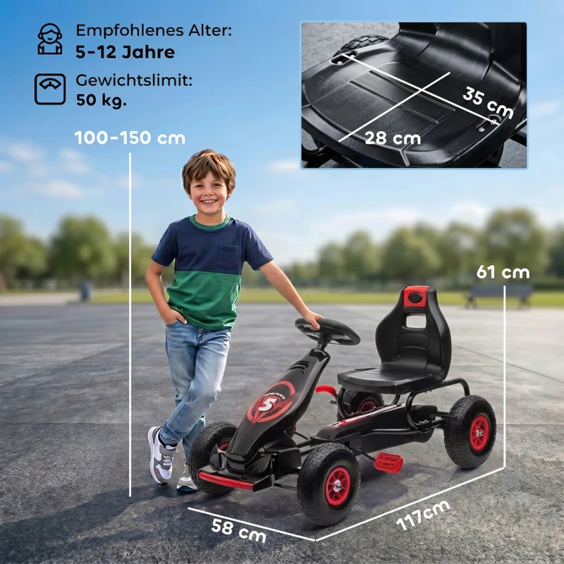 HOMCOM Kinder-Gokart, mit Pedalen, verstellbarem Sitz, In- und Outdoor, ab 5 Jahren, Rot+schwarz, 117 x 58 x 61 cm