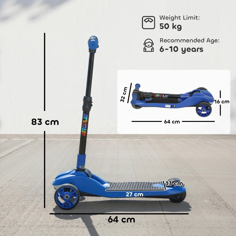 AIYAPLAY Three-Wheel Foldable Electric Scooter for Kids Aged 6-10 Years, Blue