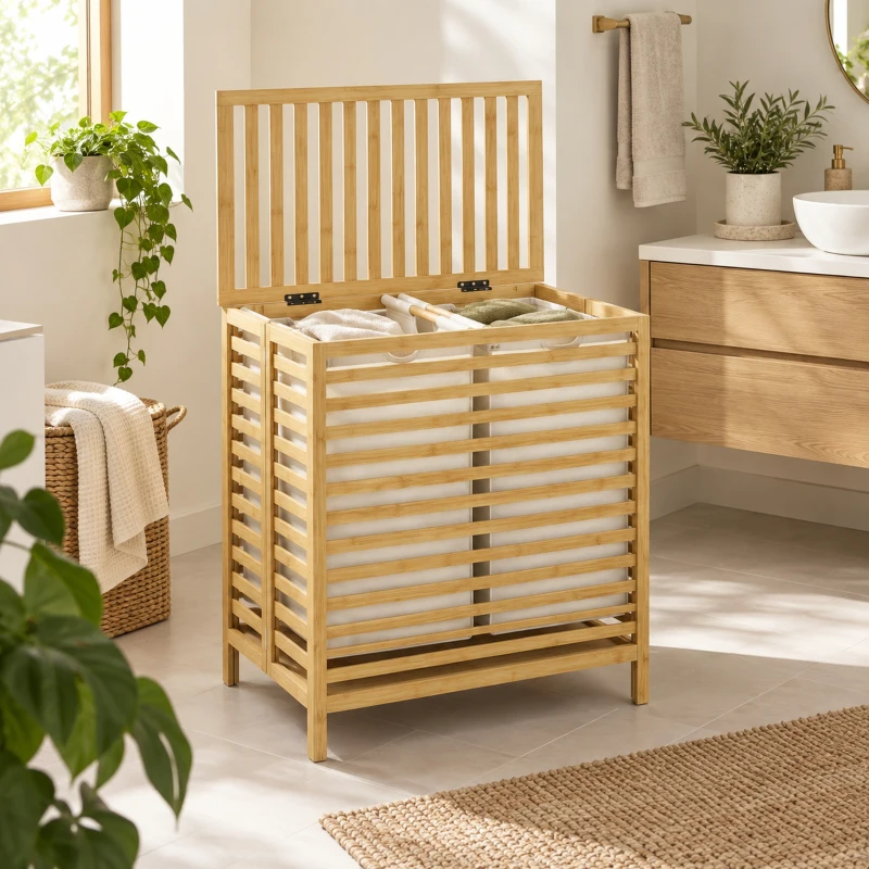 HOMCOM Bambus-Wäschekorb mit Deckel, 2 Körbe, faltbar, 64L, Natur und Cremeweiß