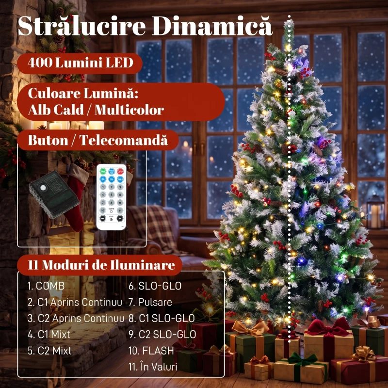 HOMCOM Brad de Crăciun Înzăpezit 210 cm, 400 de Lumini LED Bicolore, Telecomandă, 11 Modalități, 1253 de Ramuri, Conuri de Pin, Fructe Roșii