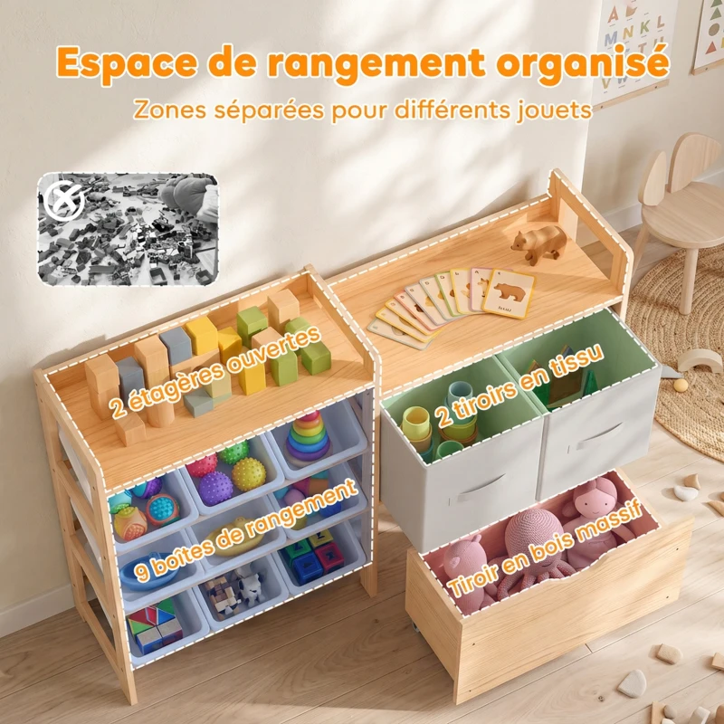 AIYAPLAY Meuble Rangement Enfant, Rangement Jouet Enfant, 9 Bacs, 2 Tiroirs Tissu, Tiroir en Bois sur Roulettes, Naturel et Blanc