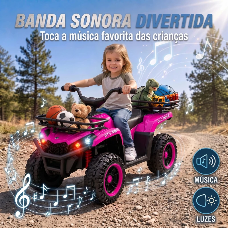 AIYAPLAY Quad Elétrico Infantil 12V com 2 Motores, Bateria de Lítio, 2 Cestos e MP3, Rosa, 3-8 Anos