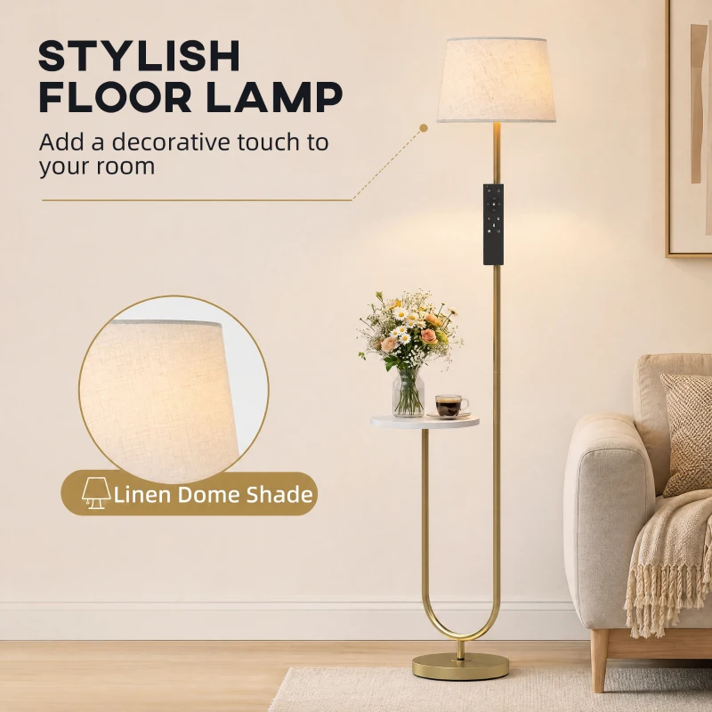 HOMCOM Modern Floor Lamp with Shelf, Dimmable Floor Lamp with Linen Shade, RF Remote and Foot Switch for Living Room, Gold Tone