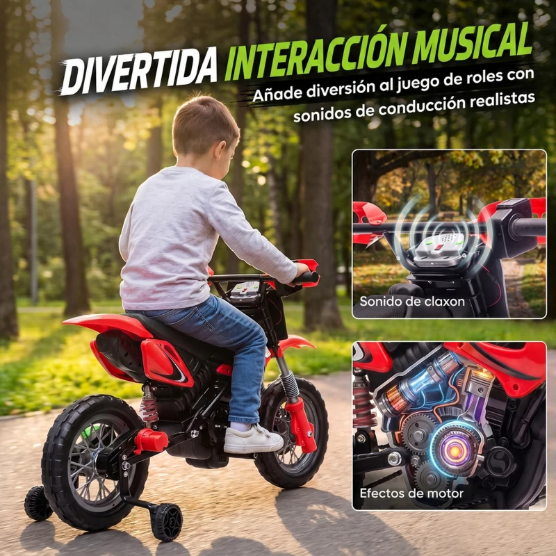 AIYAPLAY Moto Eléctrica Niños 12V con 2 Ruedas Auxiliares Desmontables 2 Motores Suspensión Trasera 3 km/h 3-6 Años Rojo