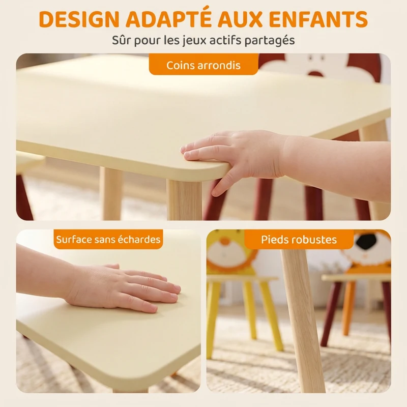 AIYAPLAY Ensembl Table pour Enfant avec 4 Chaises 5 Pièces en Bois, Dossier en Forme Animale, Coins Arrondis, 3-8 Ans, Jaune