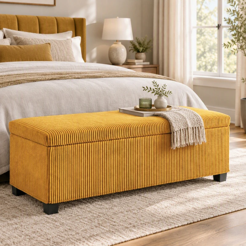 HOMCOM Banco Almacenaje Capacidad de 84 L 112x42x40cm Tapizado en Pana Pie de Cama para Sala de Estar Dormitorio Amarillo