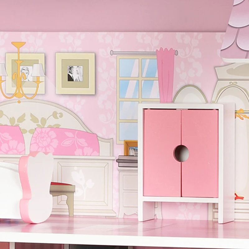 AIYAPLAY Maison de Poupée en Bois pour Enfants, Maison de Rêve Filles, 6 Pièces, Éclairage LED et 8 Meubles, 3-6 ans, Rose