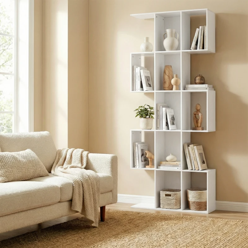 HOMCOM Bibliothèque à 5 niveaux, étagère de rangement en forme S avec 15 compartiments ouverts, 80 x 24 x 200 cm, blanc