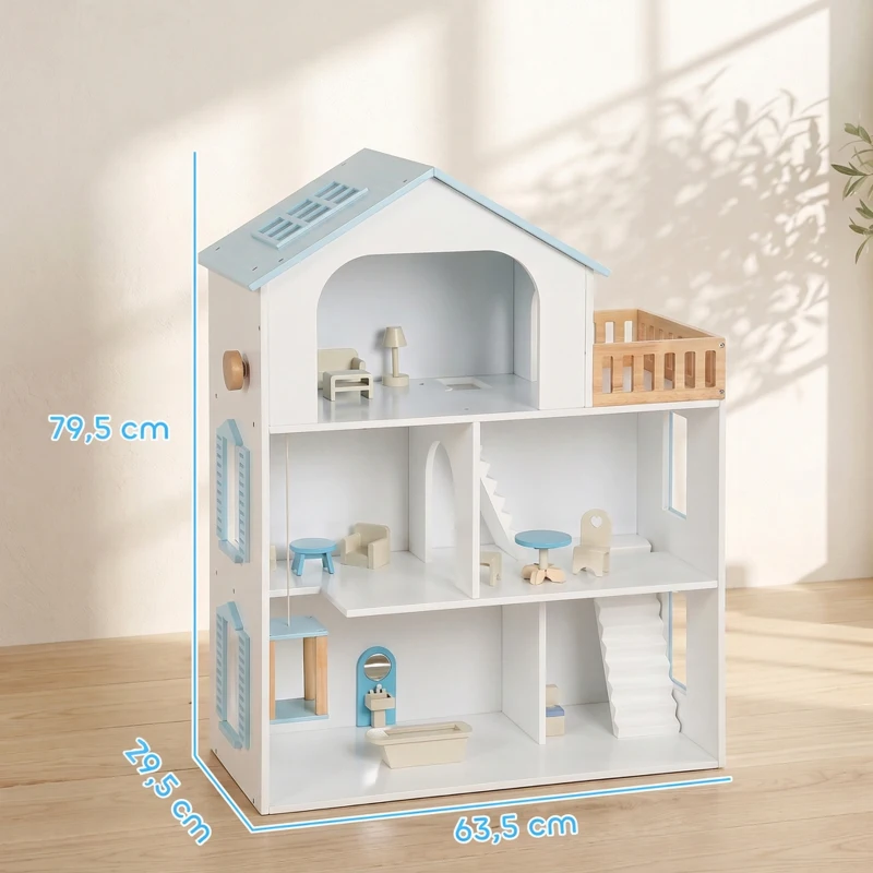 AIYAPLAY Casa de Muñecas de Madera de 3 Pisos con Ascensor y Balcón 5 Habitaciones y 13 Muebles para Niños de 3 a 6 Años Azul