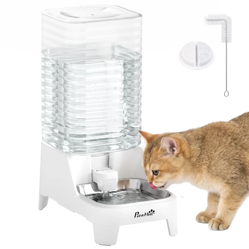 PawHut Distributeur d'Eau Automatique pour Chiens et Chats 8L Robinet Breveté Bol Acier Inox sans BPA 19,3x32,8x43,4cm Blanc