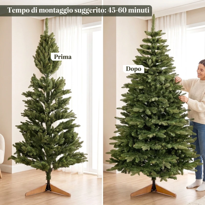 HOMCOM Albero di Natale Artificiale con 1161 Rami 210 cm, Base Pieghevole in Legno e Metallo, Verde