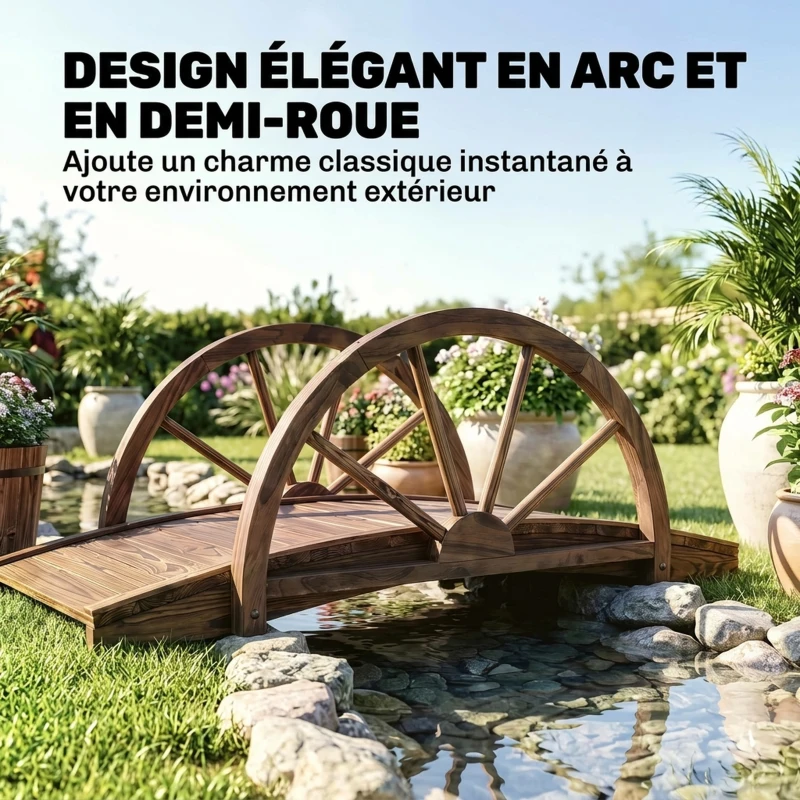 Outsunny Pont de jardin en bois, avec balustrade à demi-roues charge max. 150 KG, 100 x 50 x 37 cm, marron