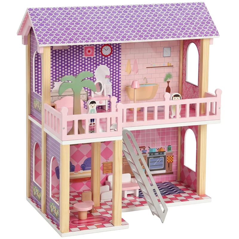 AIYAPLAY Casa delle Bambole in Legno per Bambini, 2 Piani, 11 Mobili e 2 Bambole, Regalo per Ragazze 3-6 Anni, Rosa