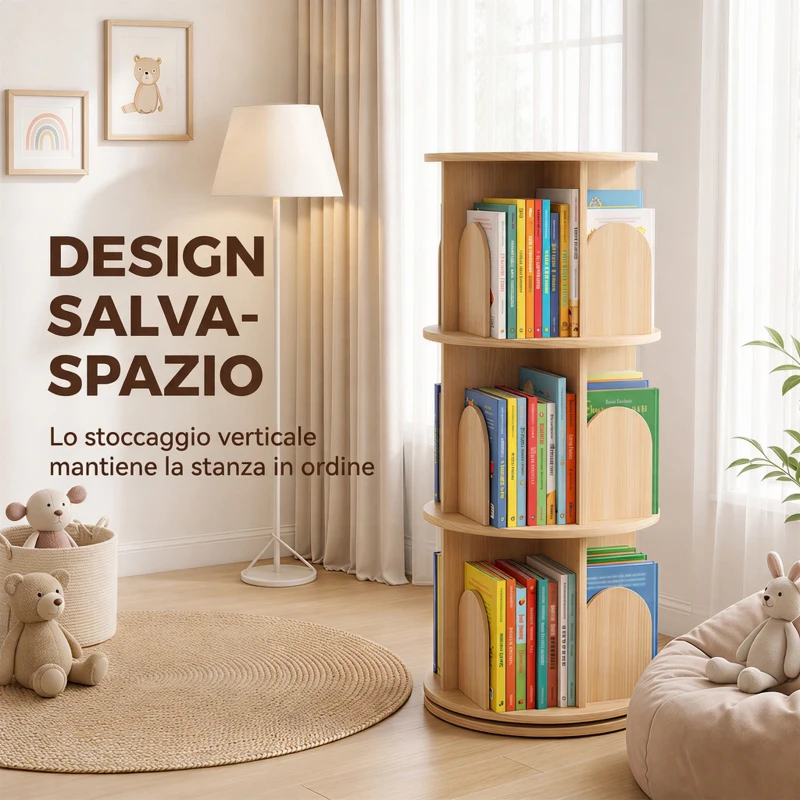 AIYAPLAY Libreria Girevole per Bambini a 3 Livelli, Angoli Arrotondati, 46x46x97 cm, Color Legno