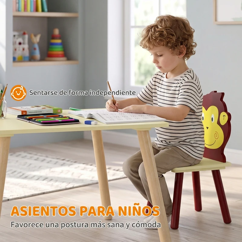AIYAPLAY Mesa Infantil con 4 Sillas con Diseños de Animales Juego de Madera 5 Piezas para Niños y Niñas 3-8 Años Amarillo