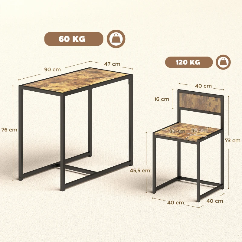 HOMCOM Ensemble table et chaises , table à manger 3 pièces avec 2 chaises encastrables, pour cuisine salon maison, marron