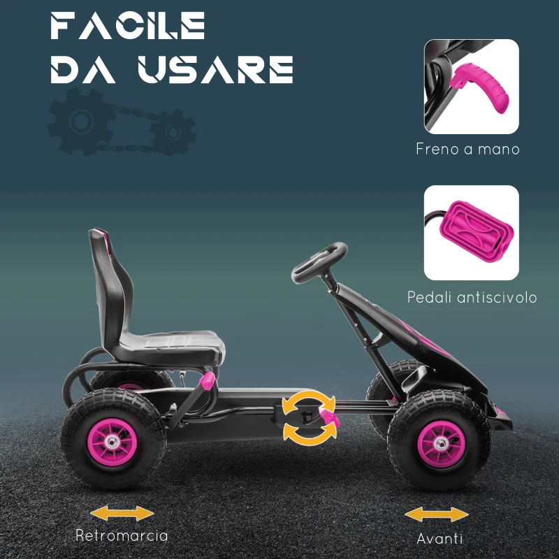 HOMCOM Go Kart a Pedali per Bambini 5-12 Anni con Sedile Regolabile, in Metallo e PP 117x58x61 cm, Rosa e Nero
