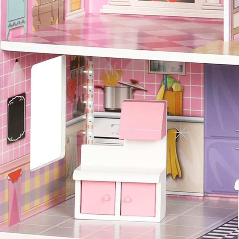 AIYAPLAY Maison de Poupée en Bois pour Enfants, Maison de Rêve Filles, 6 Pièces, Éclairage LED et 8 Meubles, 3-6 ans, Rose