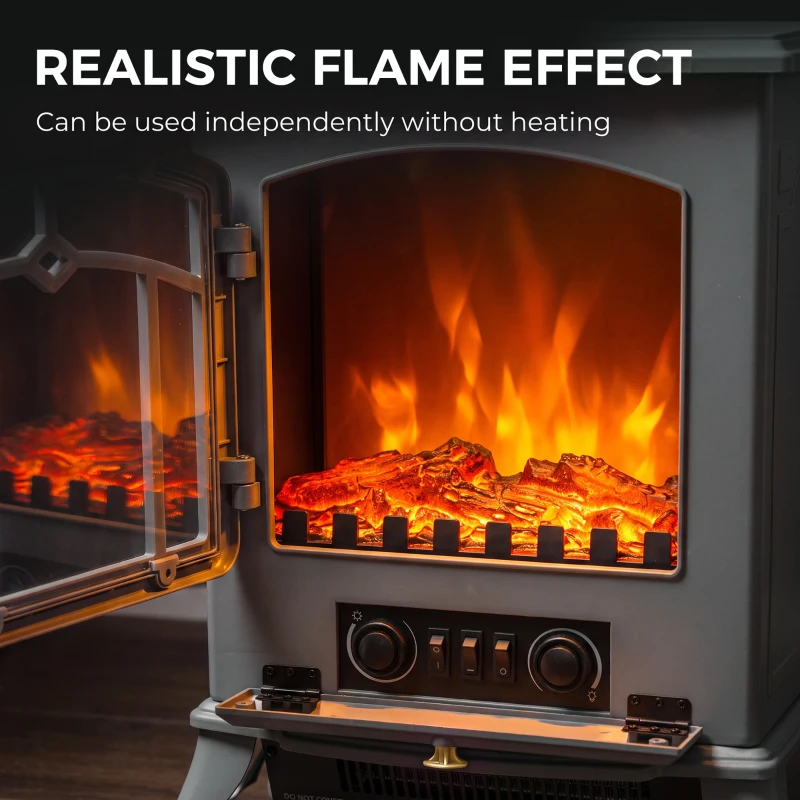 HOMCOM Electric Fireplace Stove, 1000W/2000W, Electric Fire Heater with LED Flame Effect, Adjustable Thermostat, Grey