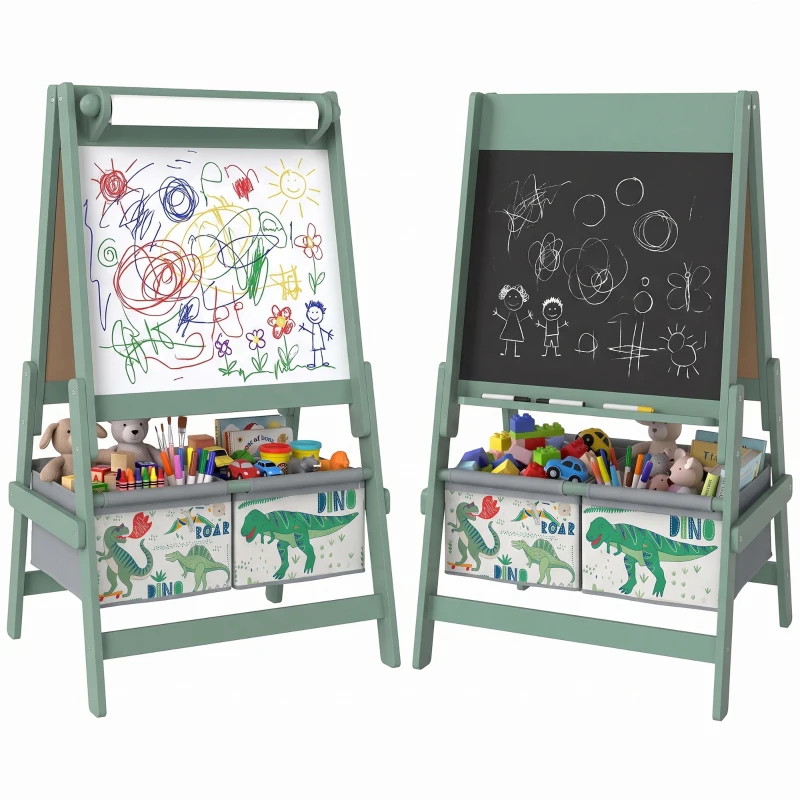 AIYAPLAY Art Easel for Kids, 3-in-1 Kids Easel with Chalkboard, Whiteboard, Paper Roll, Storage, Under-Board Shelf for 3-8, Green