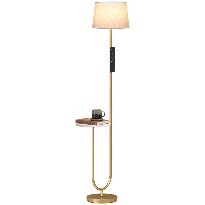 HOMCOM Modern Floor Lamp with Shelf, Dimmable Floor Lamp with Linen Shade, RF Remote and Foot Switch for Living Room, Gold Tone
