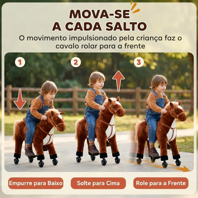 HOMCOM Cavalo de Brinquedo para Crianças de +3 Anos com Rodas Sons e Estrutura de Metal Carga 60kg 65x28x75 cm Castanho