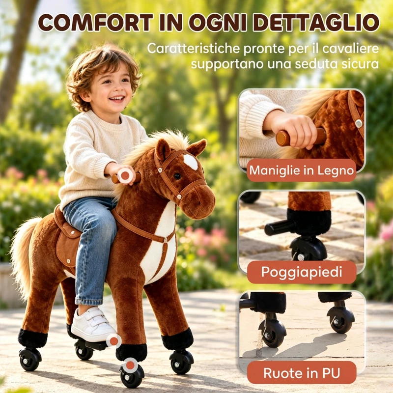 HOMCOM Cavallo a Dondolo per Bambini 2+ Anni con 4 Rotelle e Suoni Realistici, Dondolo per Bambini Imbottito con Poggiapiedi, 65x28x75 cm, Marrone