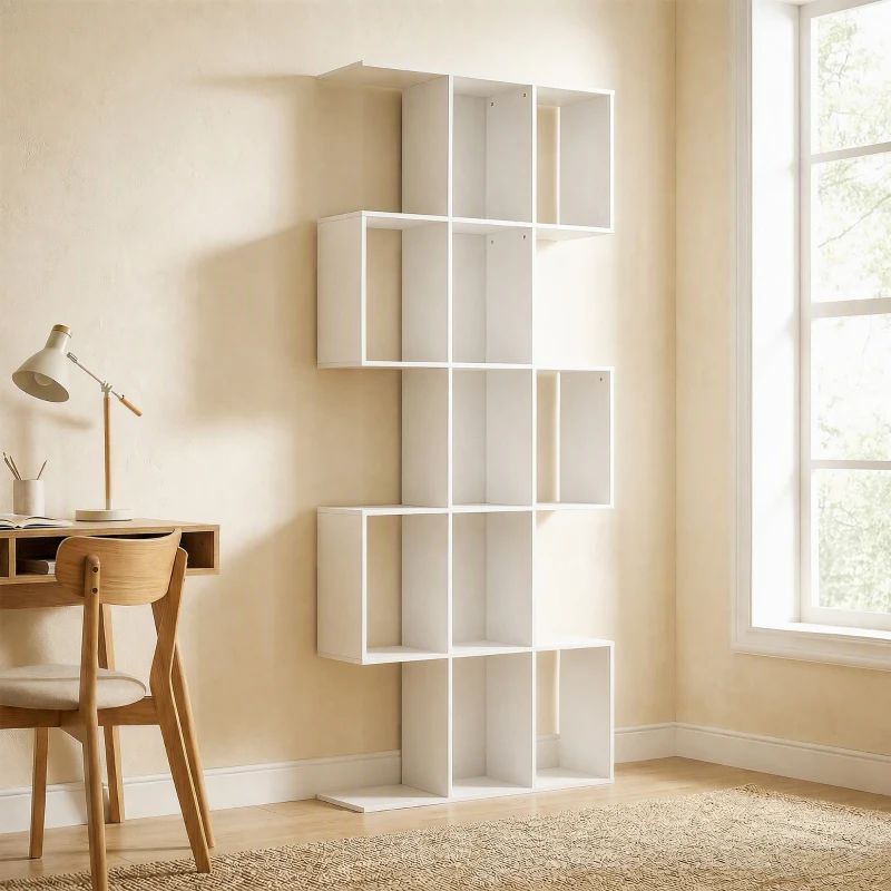 HOMCOM Bibliothèque à 5 niveaux, étagère de rangement en forme S avec 15 compartiments ouverts, 80 x 24 x 200 cm, blanc