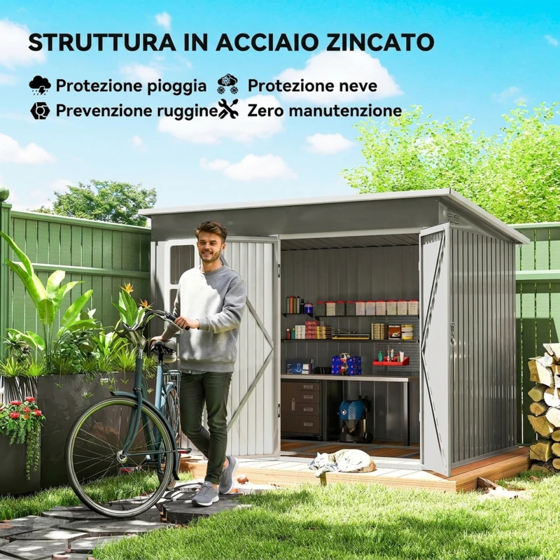 Outsunny Casetta da Giardino 4.13m² in Acciaio Zincato Kit di Fondazione, Tetto Inclinato, Doppia Porta Bloccabile, Prese d'Aria, Finestra, Grigio