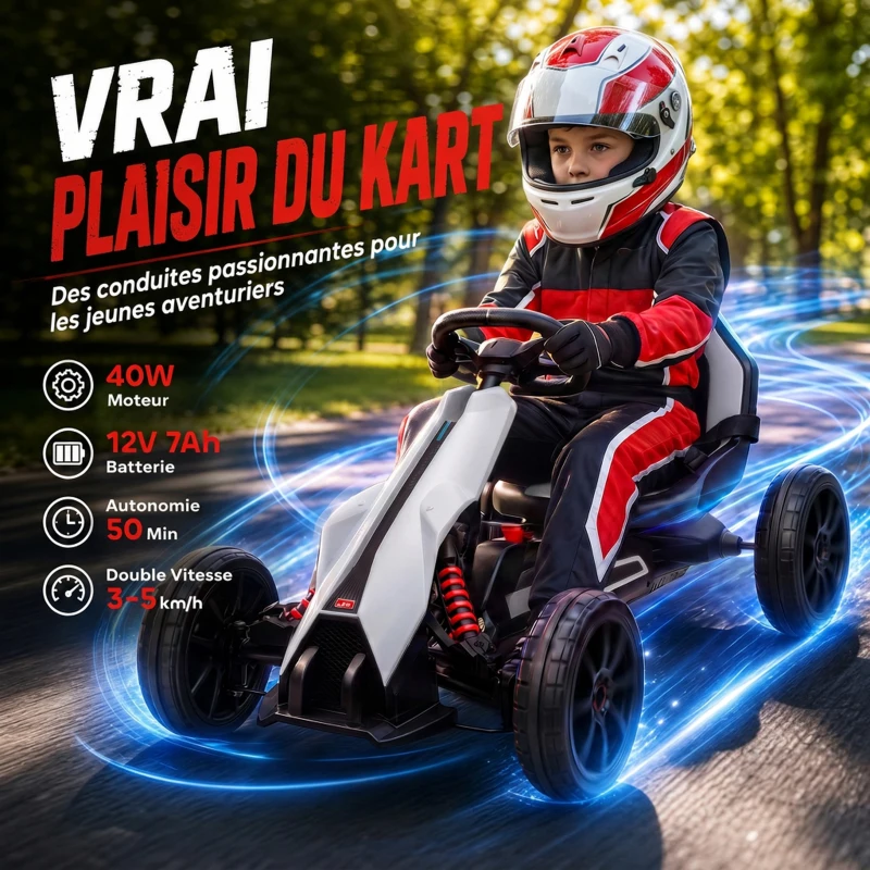 HOMCOM Kart électrique pour enfant 12V - Vitesse réglable 3-5km/h pour enfants de 3 à 8 ans - siège réglable - blanc(m-4)