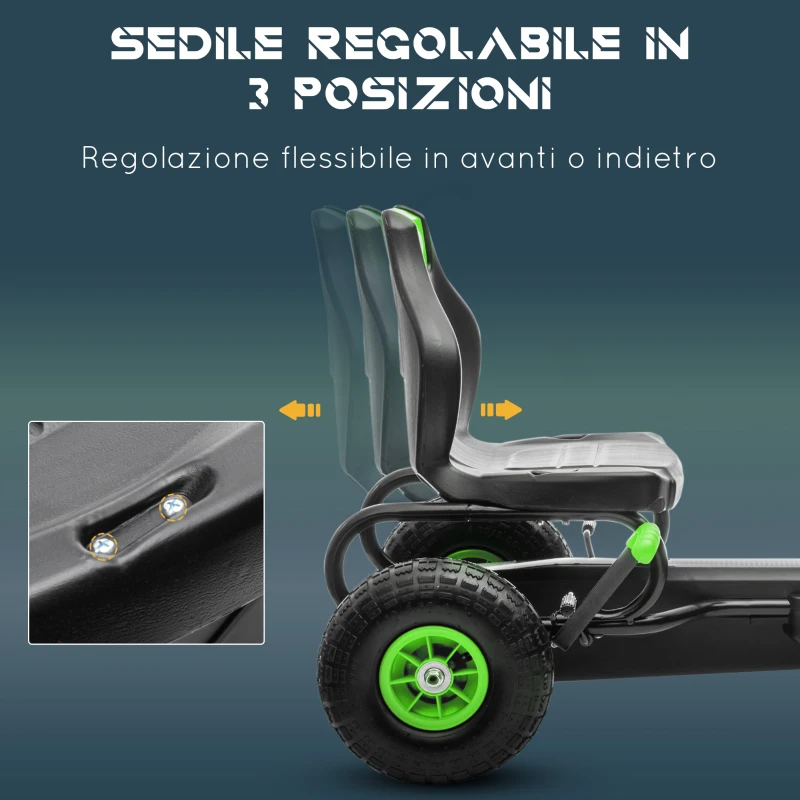 HOMCOM Go Kart a Pedali per Bambini 5-12 Anni con Sedile Regolabile, in Metallo e PP 117x58x61 cm, Verde e Nero