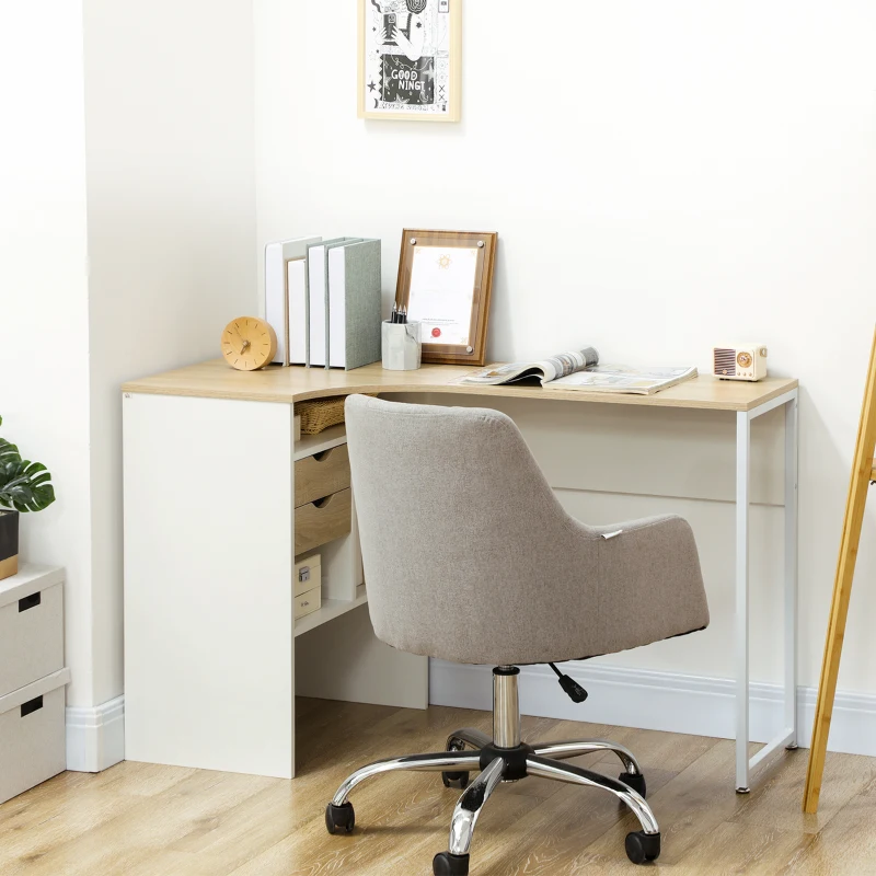 HOMCOM Escritorio Esquinero en L 120x60 cm con 2 Cajones y 3 Compartimentos Abiertos para Oficina Estudio Natural y Blanco