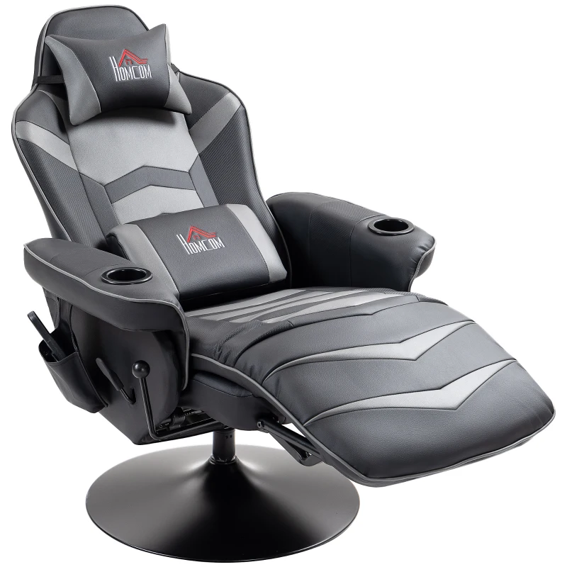 HOMCOM Gamingsessel, Massagefunktion, neigbare Lehne, Fußstütze, bis 120 kg, Stahlrahmen, Kunstleder, Grau(m-11)